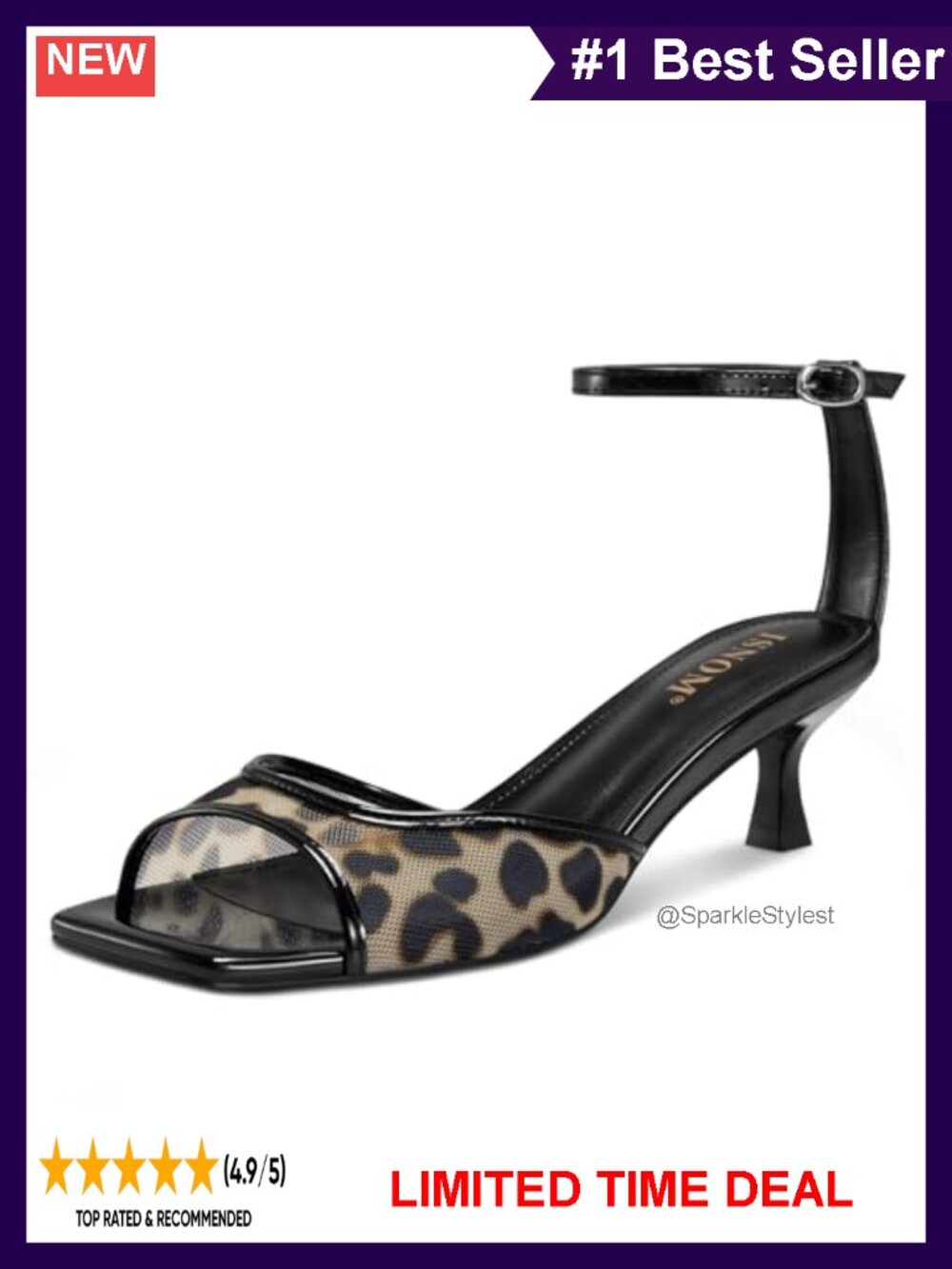 Mesh Square Toe Kitten Heel Sandals with Ankle Strap